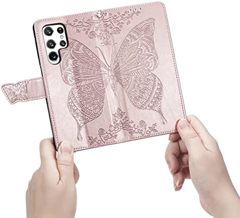 Чанта-портфейл DiGPlus Galaxy S22 Ultra 5G, [С отпечатан във формата на пеперуда и цвете], калъф от изкуствена кожа, флип-надолу Защитно покритие за мобилен телефон с отделения з