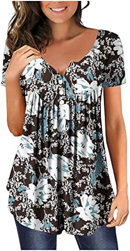 Дамски Памучен Тениска с Къс Ръкав и Цветен Модел, Ежедневна Блуза Свободно Намаляване на Тениска с V-образно деколте за Момичета
