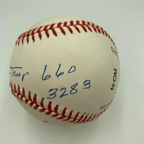 Уили Мейс за 660 часа 3283 от удари и Ханк Аарон за 755 часа 3771 удар В бейзбола с автограф на JSA - Бейзболни топки с автографи