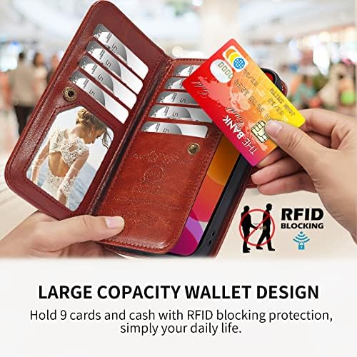Чанта-портфейл CASEOWL за iPhone 14 Pro [Съвместим със зарядно устройство Magsafe] Калъф-портфейла от магнитна подвижна кожа за iPhone 14 Pro за Жени и мъже с държач за карти 9 [Заключване на RFID], каишка за ръка Кафяв