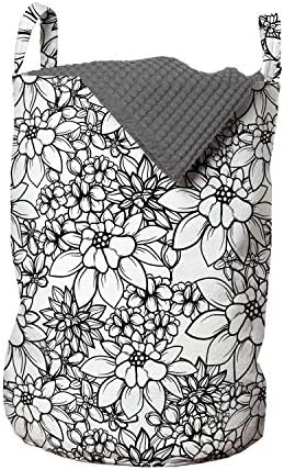 Реколта чанта за дрехи Ambesonne с цветен печат, черно-бели цветя в цифров формат на однотонном фона, Кошница за дрехи с дръжки, закрывающаяся на шнур, за пране, 13 x 19, Струя сив, бял