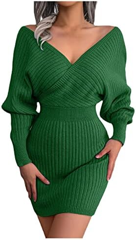 Жена Секси Рокля-пуловер, Модни Пола-Прилеп с Преминаването V-образно деколте, Рокля с мирис на бедрата, Вълнена Рокля С V-образно деколте, Пуловер Midi