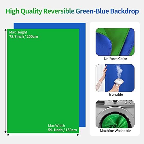 Зелен экранный фон Hemmotop със стойка размер 5x6,5 фута за увеличаване, Обръщане на син екран 2 в 1 и Зелен екран с преносим Т-образна стойка за фон, 5 щипки за фон