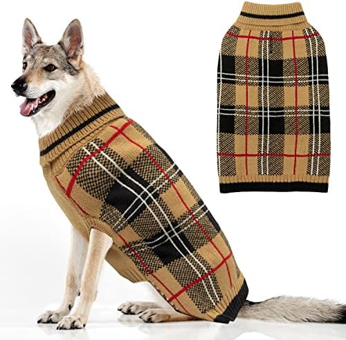 Пуловер за кучета MIMLOB за малки, Средни и Големи кучета - Карирани Топла Зима Есенен Пуловер, за кучета, Жилетка - Вязаный Пуловер с висока воротом, Облекло за кучета в студено Време, с отвор за каишка (S-XL)