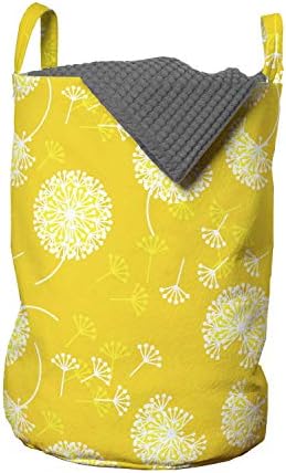 Жълто-Бяла чанта за дрехи Ambesonne, Нежни Цветя от Глухарче в Абстрактен стил с Распускающимися Пролетни листа, Кошница за дрехи с дръжки, закрывающаяся на шнур, за пране, 13 x 19, Жълто-бял