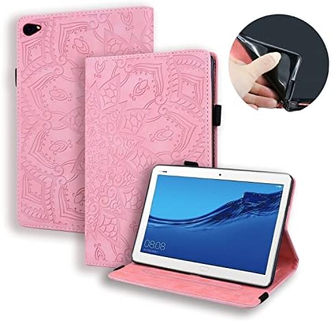 Съвместимост с Huawei MediaPad M5 10,1/C5 10,1 Тънък, Лек Флип-титуляр от изкуствена кожа с релефни, калъф за таблет, Слот за карта, калъф за таблет, калъф за таблет (Розов цвят)