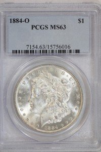 Монети, Монетен двор на САЩ 1884 г. O Morgan Silver Dollar MS63 PCGS