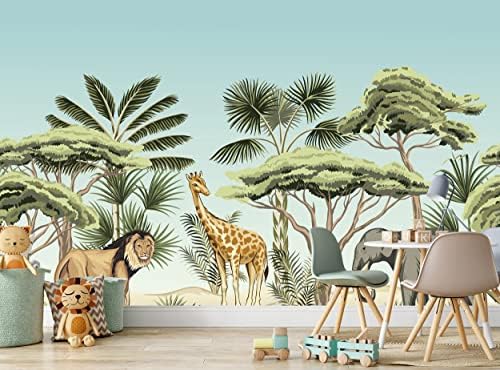 Фотообои Животни на Джунглата Сафари Рисувани Стенни Детска Спалня Детска W 366 см х 254 см Жираф Тропическо Декорация на Стените на Хартиен Плакат Лъвове, Жираф Слон