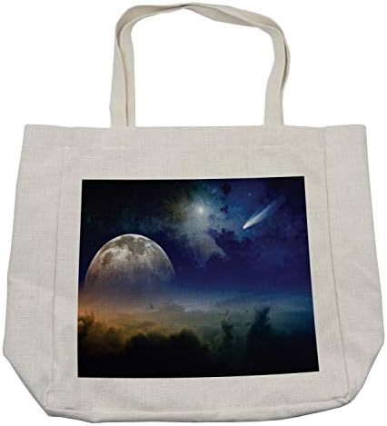 Чанта за пазаруване Ambesonne Outer Space, Ярки облаците, Изгрева на Пълната Луна и Комета на фона на Тъмно небе, Залеза на Царство хоризонта, Дългогодишна чанта за Еднократн?