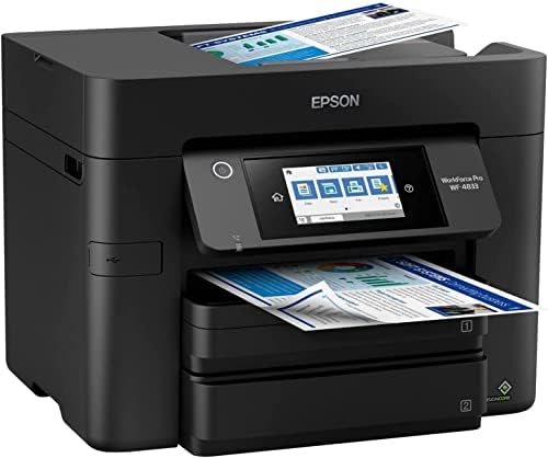 Epson Workforce Pro WF-4833 Безжичен Цветен мастилено-струен принтер, копир, факс, за да сканирате копия в черен цвят - 4,3 LCD дисплей, 25 стр/мин, 4800 x 2400 dpi, Автоматичен двустранен пе
