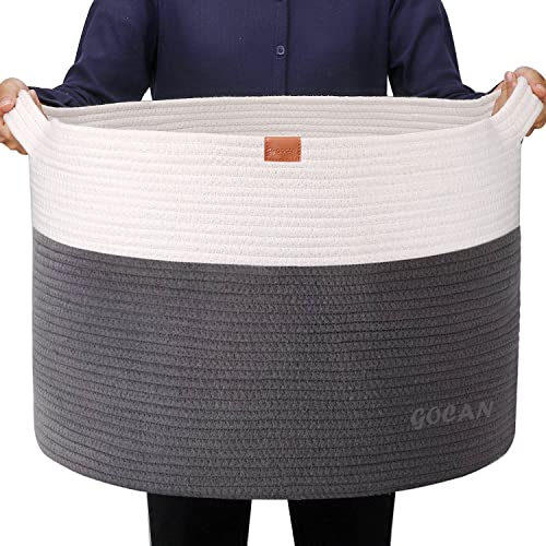 Кошница за съхранение на GOCAN за организиране на D22 H14 Голяма кошница за одеяла кошница за дрехи Изплетен от памучни въжета кош за играчки в хола (Светло сиво/бежово) XXXL